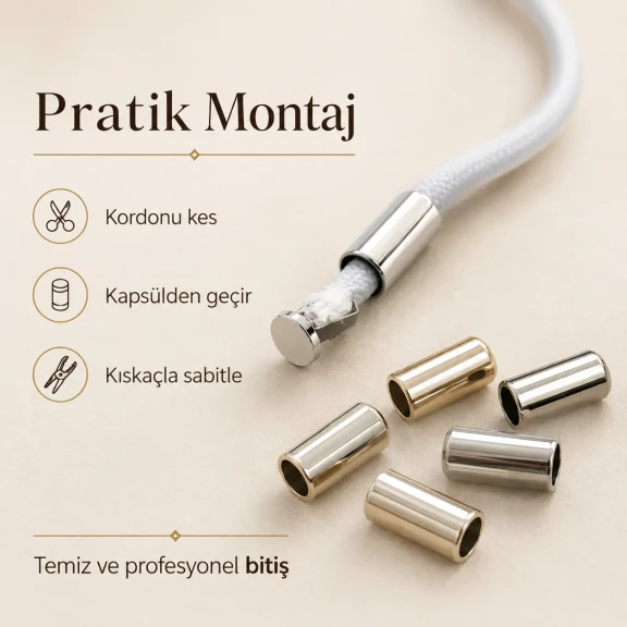Kıskaçlı Bağucu - Tres Kordon İçin Metal Bağ Ucu, 2 cm uzunluk, 10 mm çap, 5,5 mm kordon girişi ile ince tres kordonlar için