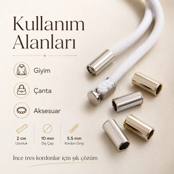 Kıskaçlı Bağucu - Tres Kordon İçin Metal Bağ Ucu, 2 cm uzunluk, 10 mm çap, 5,5 mm kordon girişi ile ince tres kordonlar için
