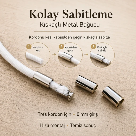 Kıskaçlı Bağucu – Tres Kordon İçin Metal Bağ Ucu 2 cm / Çap 10 mm / Kordon Girişi 8 mm, estetik ve fonksiyonel tekstil
