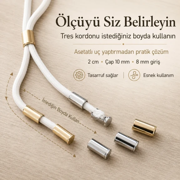 Kıskaçlı Bağucu – Tres Kordon İçin Metal Bağ Ucu 2 cm / Çap 10 mm / Kordon Girişi 8 mm, estetik ve fonksiyonel tekstil