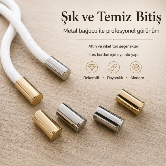 Kıskaçlı Bağucu – Tres Kordon İçin Metal Bağ Ucu 2 cm / Çap 10 mm / Kordon Girişi 8 mm, estetik ve fonksiyonel tekstil