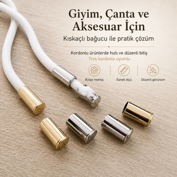 Kıskaçlı Bağucu – Tres Kordon İçin Metal Bağ Ucu 2 cm / Çap 10 mm / Kordon Girişi 8 mm, estetik ve fonksiyonel tekstil