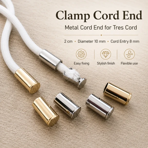Kıskaçlı Bağucu – Tres Kordon İçin Metal Bağ Ucu 2 cm / Çap 10 mm / Kordon Girişi 8 mm, estetik ve fonksiyonel tekstil