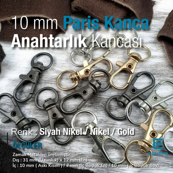10 mm Paris Kanca Yaylı Döner Kancalar - Anahtarlık Kancası - Papağan Kanca A 509