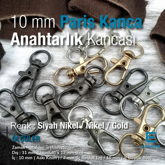 10 mm Paris Kanca Yaylı Döner Kancalar - Anahtarlık Kancası - Papağan Kanca A 509