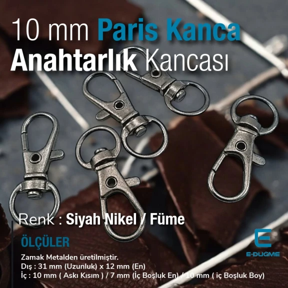 10 mm Paris Kanca Yaylı Döner Kancalar - Anahtarlık Kancası - Papağan Kanca A 509
