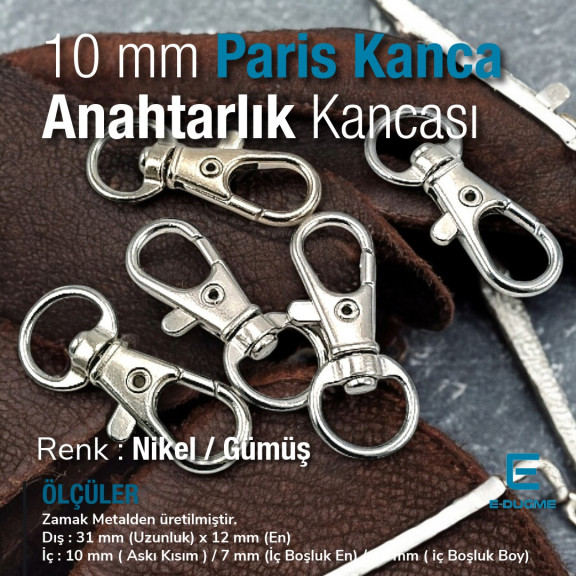 10 mm Paris Kanca Yaylı Döner Kancalar - Anahtarlık Kancası - Papağan Kanca A 509