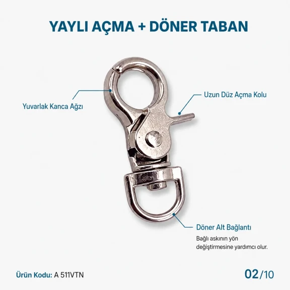 1,5 cm Viton Kanca Yaylı Döner Çanta ve Anahtarlık Kancası A 511VTN, 35mm uzunluk, 19mm en, zamak metal malzeme, çanta ve
