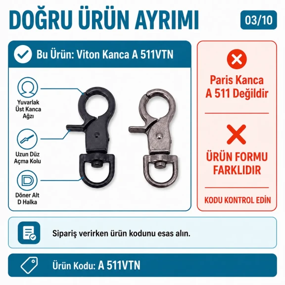 1,5 cm Viton Kanca Yaylı Döner Çanta ve Anahtarlık Kancası A 511VTN, 35mm uzunluk, 19mm en, zamak metal malzeme, çanta ve