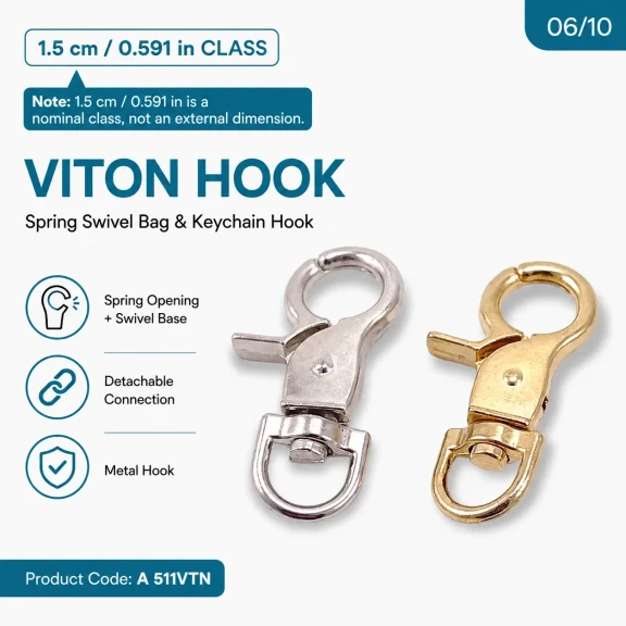1,5 cm Viton Kanca Yaylı Döner Çanta ve Anahtarlık Kancası A 511VTN, 35mm uzunluk, 19mm en, zamak metal malzeme, çanta ve