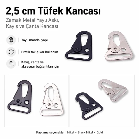 2,5 cm Tüfek Kancası Zamak Metal Yaylı Askı Kayış ve Çanta Kancası A 552