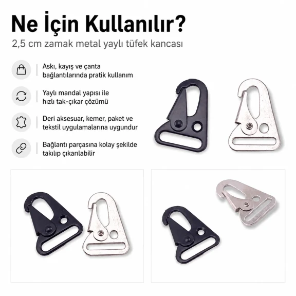 2,5 cm Tüfek Kancası Zamak Metal Yaylı Askı Kayış ve Çanta Kancası A 552