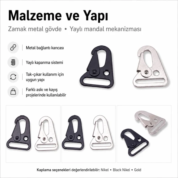 2,5 cm Tüfek Kancası Zamak Metal Yaylı Askı Kayış ve Çanta Kancası A 552