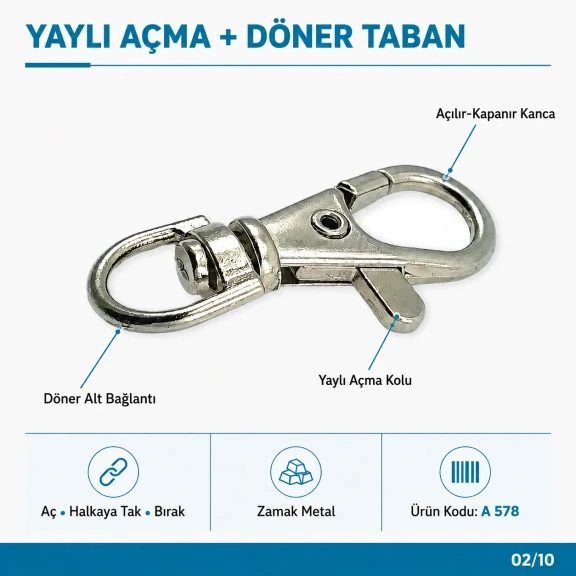 10 mm Paris Kanca Yaylı Döner Anahtarlık Kancası A 578, metal zamak malzemeden üretilmiş, çanta, kemer ve el sanatları için