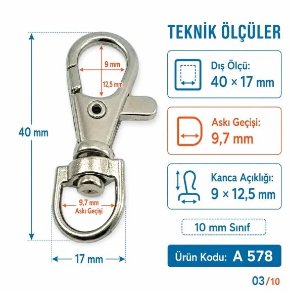 10 mm Paris Kanca Yaylı Döner Anahtarlık Kancası A 578, metal zamak malzemeden üretilmiş, çanta, kemer ve el sanatları için