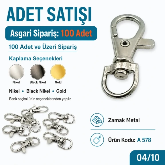 10 mm Paris Kanca Yaylı Döner Anahtarlık Kancası A 578, metal zamak malzemeden üretilmiş, çanta, kemer ve el sanatları için