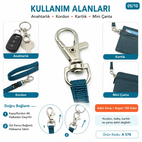 10 mm Paris Kanca Yaylı Döner Anahtarlık Kancası A 578, metal zamak malzemeden üretilmiş, çanta, kemer ve el sanatları için