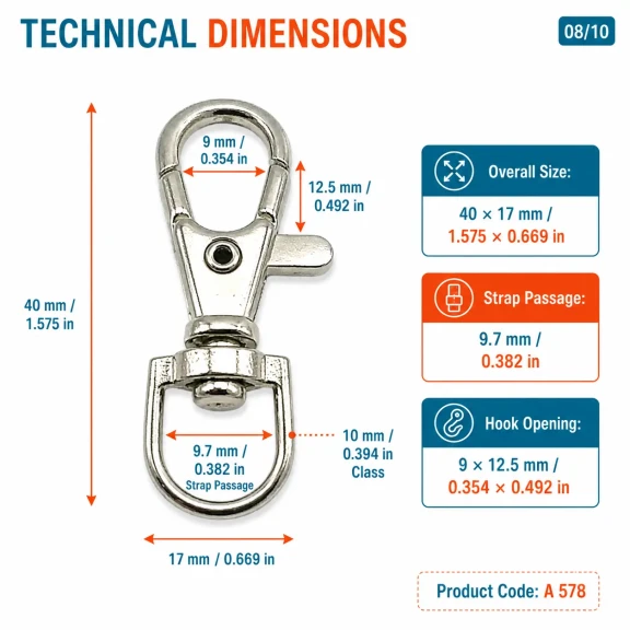 10 mm Paris Kanca Yaylı Döner Anahtarlık Kancası A 578, metal zamak malzemeden üretilmiş, çanta, kemer ve el sanatları için