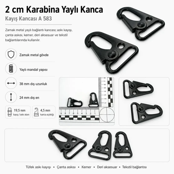 2 cm Tüfek Kancası Zamak Metal Yaylı Askı Kayış ve Çanta Kancası A 583