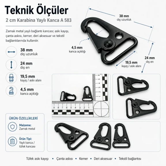 2 cm Tüfek Kancası Zamak Metal Yaylı Askı Kayış ve Çanta Kancası A 583