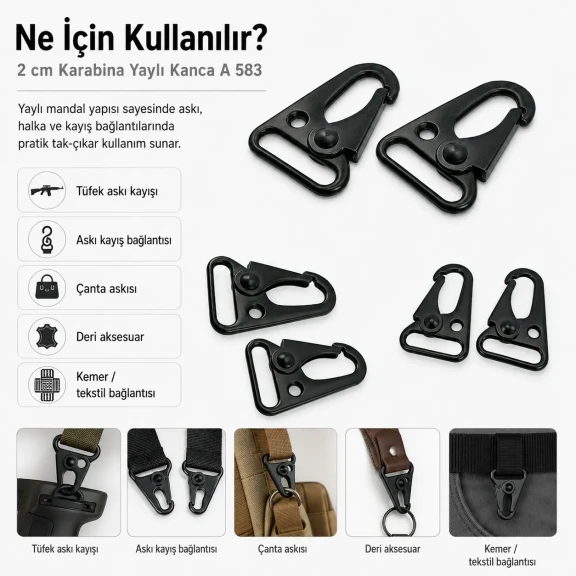 2 cm Tüfek Kancası Zamak Metal Yaylı Askı Kayış ve Çanta Kancası A 583