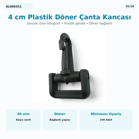 4 cm Plastik Döner Çanta Kancası - 40 mm Kayış Uyumlu, hafif ve dayanıklı plastik malzemeden üretilmiştir. Çanta askısı ve