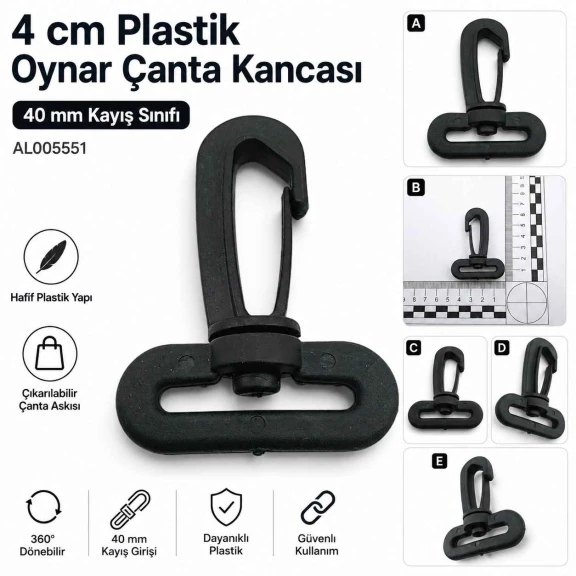 4 cm Plastik Oynar Çanta Kancası, yüksek kaliteli plastik malzemeden üretilmiş, çanta askıları ve anahtarlıklar için ideal