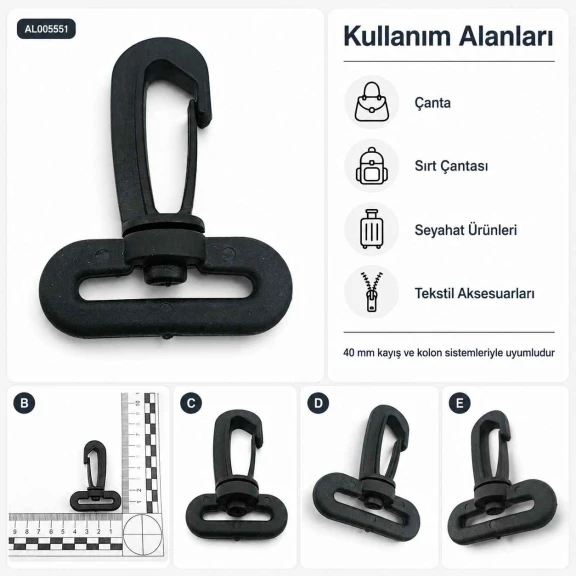 4 cm Plastik Oynar Çanta Kancası, yüksek kaliteli plastik malzemeden üretilmiş, çanta askıları ve anahtarlıklar için ideal