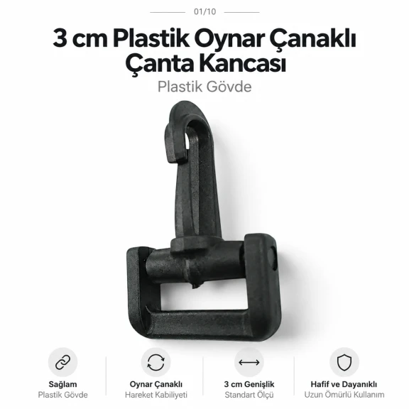 30 mm Plastic Swivel Cup-Style Bag Hook for 1.18 in Webbing, designed for detachable connections in bags and accessories