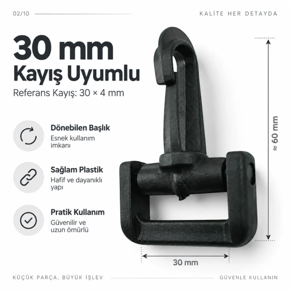 30 mm Plastic Swivel Cup-Style Bag Hook for 1.18 in Webbing, designed for detachable connections in bags and accessories
