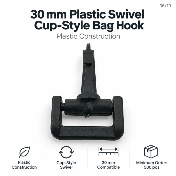 30 mm Plastic Swivel Cup-Style Bag Hook for 1.18 in Webbing, designed for detachable connections in bags and accessories