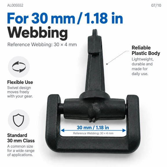 30 mm Plastic Swivel Cup-Style Bag Hook for 1.18 in Webbing, designed for detachable connections in bags and accessories