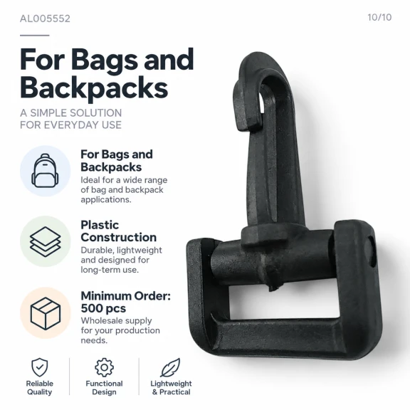 30 mm Plastic Swivel Cup-Style Bag Hook for 1.18 in Webbing, designed for detachable connections in bags and accessories