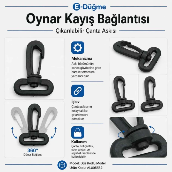 3 cm Plastik Oynar Çanta Kancası, dayanıklı plastik malzemeden üretilmiş, çanta askıları ve anahtarlıklar için ideal aksesuar