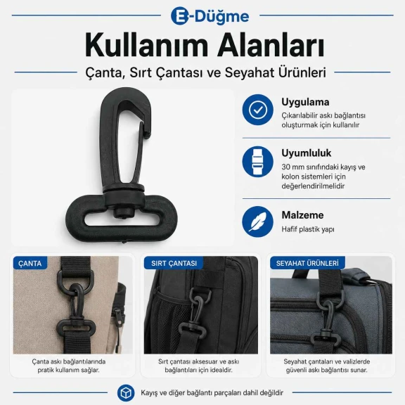 3 cm Plastik Oynar Çanta Kancası, dayanıklı plastik malzemeden üretilmiş, çanta askıları ve anahtarlıklar için ideal aksesuar