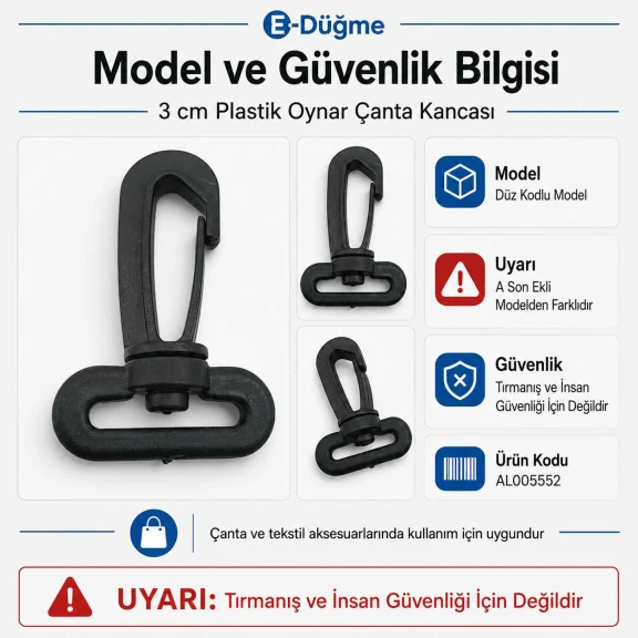 3 cm Plastik Oynar Çanta Kancası, dayanıklı plastik malzemeden üretilmiş, çanta askıları ve anahtarlıklar için ideal aksesuar