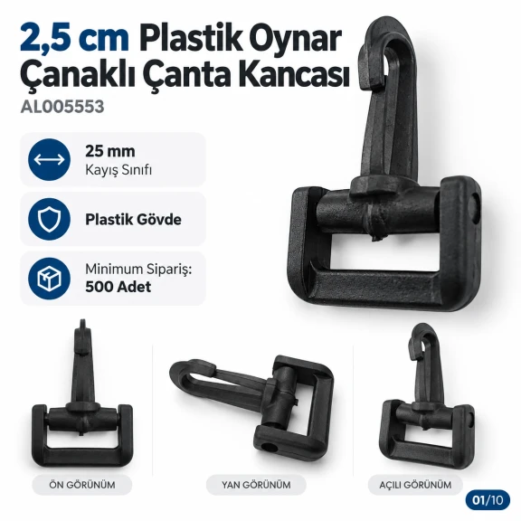 2,5 cm Plastik Oynar Çanaklı Çanta Kancası - 25 mm Kayış Uyumlu, omuz çantası, sırt çantası ve bel çantası için ideal