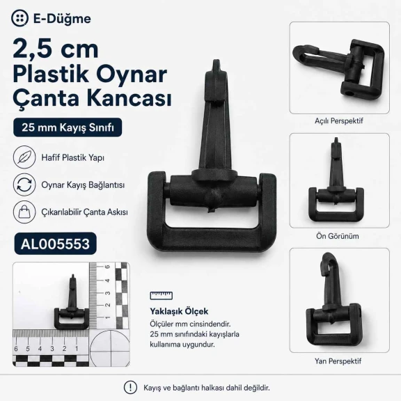 2,5 cm Plastik Oynar Çanta Kancası, yüksek kaliteli zamak metal malzemeden üretilmiş, dayanıklı ve korozyona karşı dirençli