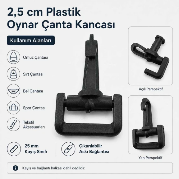 2,5 cm Plastik Oynar Çanta Kancası, yüksek kaliteli zamak metal malzemeden üretilmiş, dayanıklı ve korozyona karşı dirençli