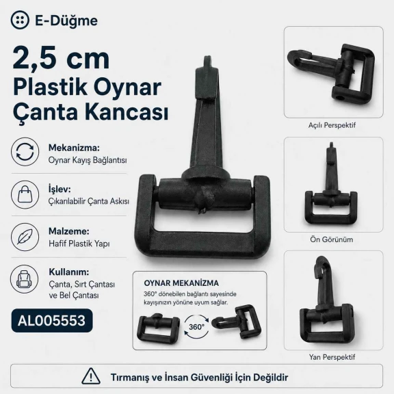 2,5 cm Plastik Oynar Çanta Kancası, yüksek kaliteli zamak metal malzemeden üretilmiş, dayanıklı ve korozyona karşı dirençli