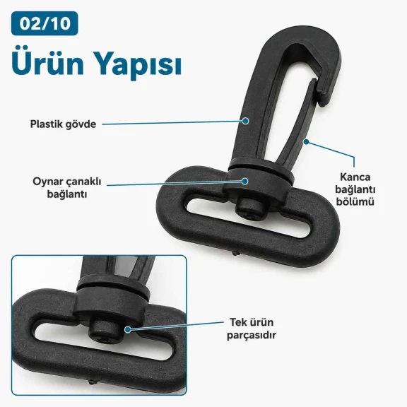 2,5 cm Plastik Oynar Çanta Kancası - 25 mm Kayış Uyumlu, hafif ve pratik bağlantı çözümü