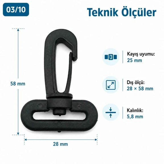 2,5 cm Plastik Oynar Çanta Kancası - 25 mm Kayış Uyumlu, hafif ve pratik bağlantı çözümü