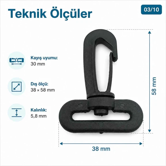 3 cm Plastik Oynar Çanta Kancası - 30 mm Kayış Uyumlu, hafif ve pratik bağlantı çözümü