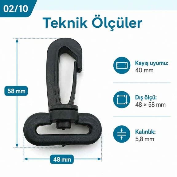 4 cm Plastik Oynar Çanta Kancası - 40 mm Kayış Uyumlu AL005555-3, çanta askıları için ideal bağlantı parçası