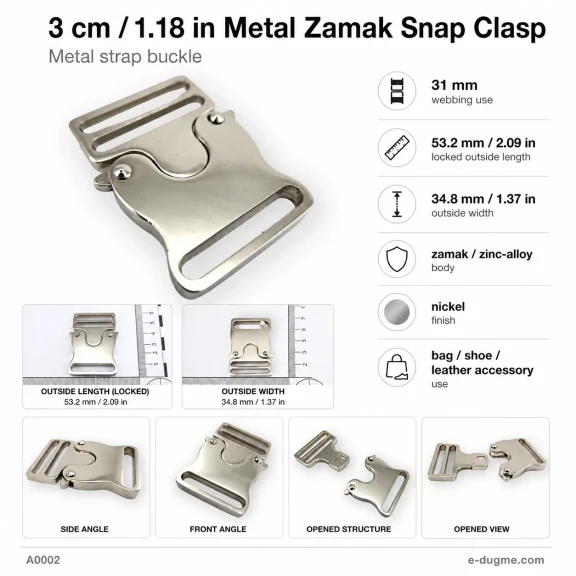 Snap Clasp 3 cm / 1.18 in Metal Zamak Buckle A0002 for bags