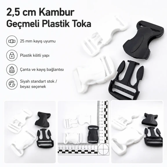 Geçmeli Toka 2,5 cm Kambur Geçmeli Plastik Çanta ve Kayış Tokası - 56,2 mm dış boy, 33,6 mm genişlik, dayanıklı plastik