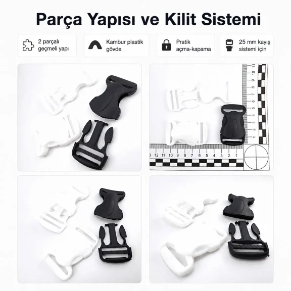 Geçmeli Toka 2,5 cm Kambur Geçmeli Plastik Çanta ve Kayış Tokası - 56,2 mm dış boy, 33,6 mm genişlik, dayanıklı plastik