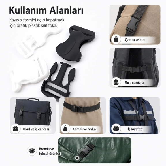 Geçmeli Toka 2,5 cm Kambur Geçmeli Plastik Çanta ve Kayış Tokası - 56,2 mm dış boy, 33,6 mm genişlik, dayanıklı plastik