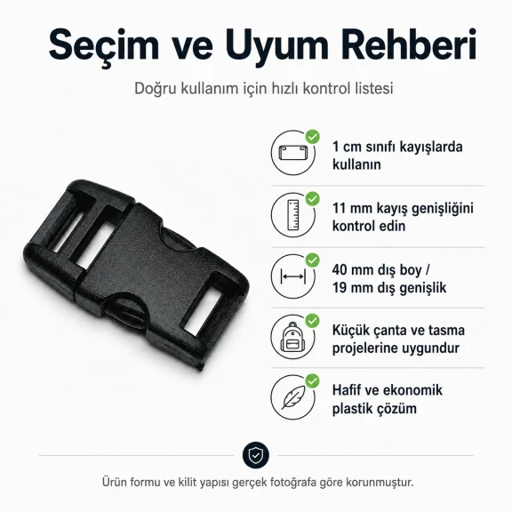 1 cm Geçmeli Plastik Palaska Tokası - Güvenli ve dayanıklı bağlantı elemanı, çanta ve kemer sistemlerinde kullanım için ideal
