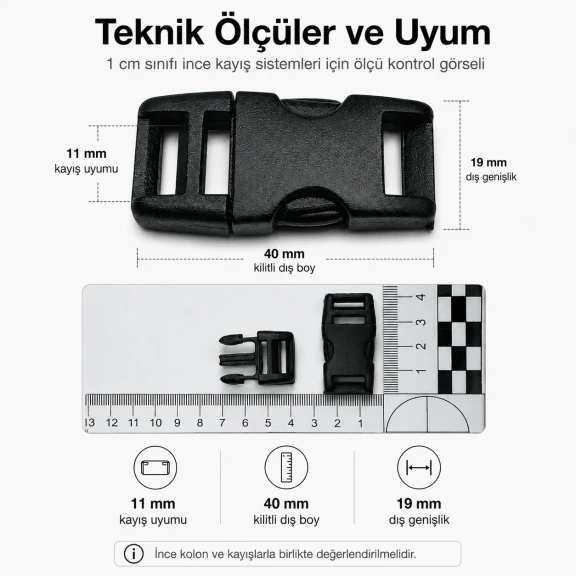 1 cm Geçmeli Plastik Palaska Tokası - Güvenli ve dayanıklı bağlantı elemanı, çanta ve kemer sistemlerinde kullanım için ideal
